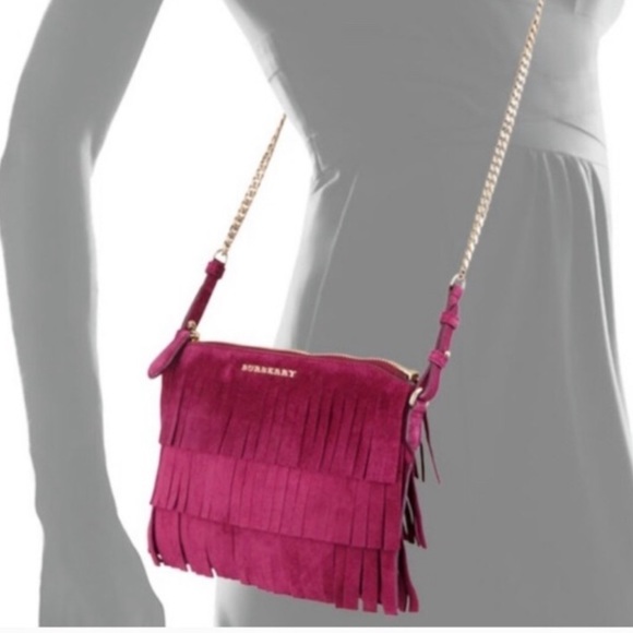 Burberry Peyton Suede Magenta Fringe Crossbody Bag - Picture 2 of 10